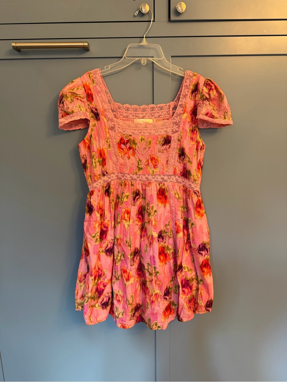 LoveShackFancy Pink Floral Lace-Trim Mini Dress